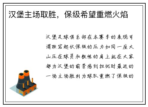 汉堡主场取胜，保级希望重燃火焰