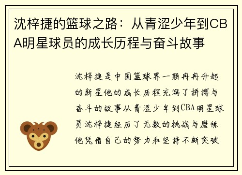 沈梓捷的篮球之路：从青涩少年到CBA明星球员的成长历程与奋斗故事